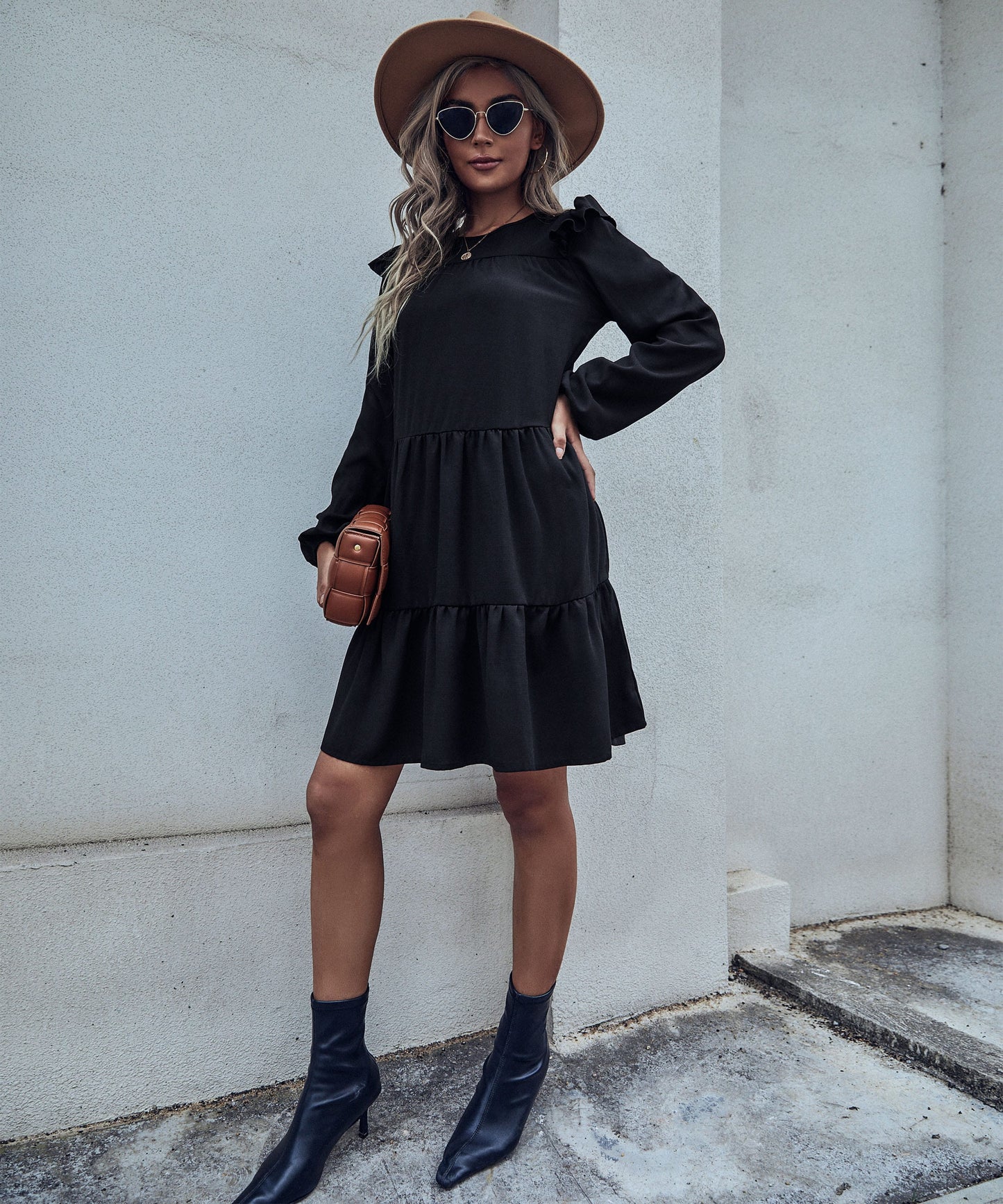 Round Neck Ruffle Shoulder Dress