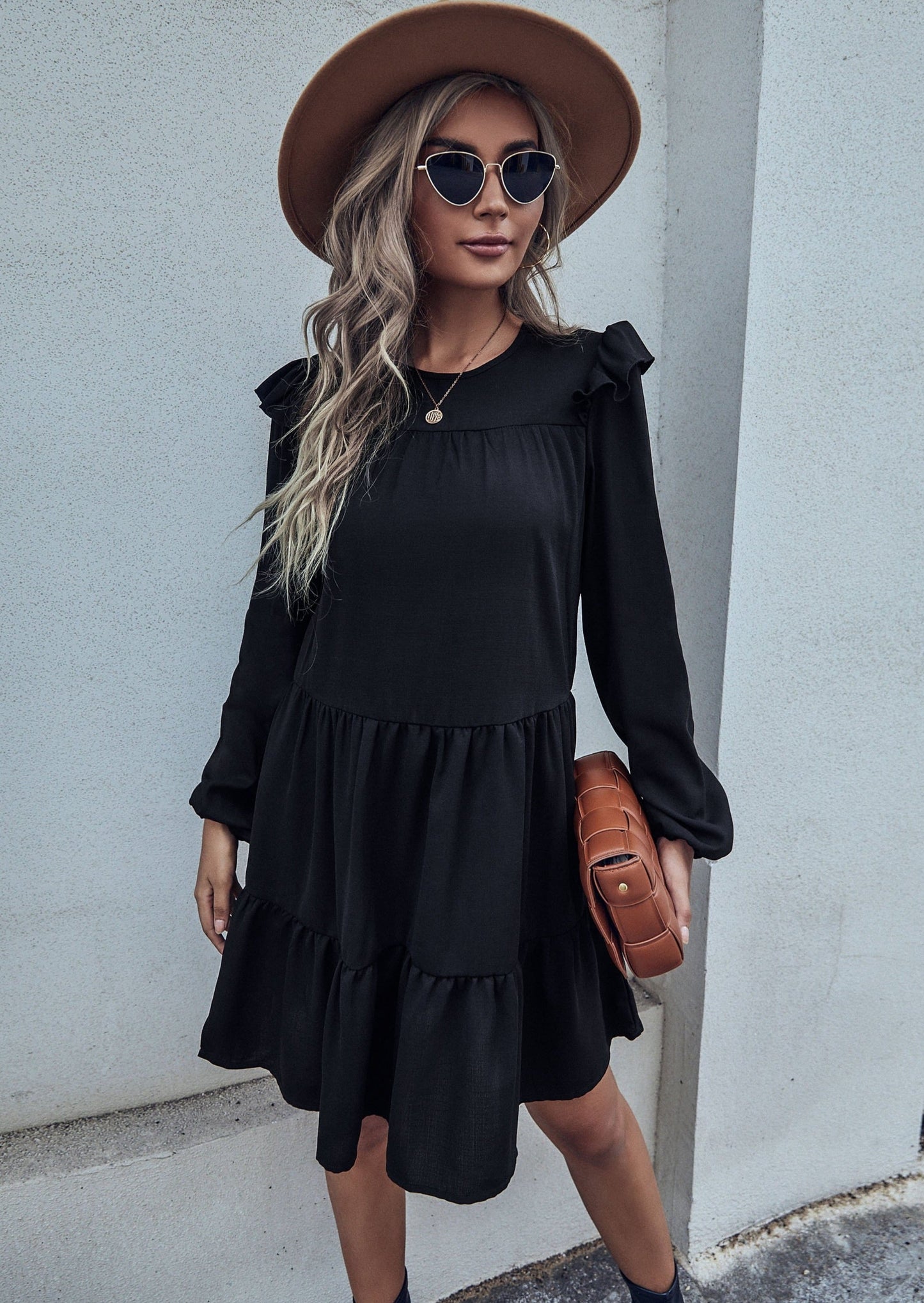 Round Neck Ruffle Shoulder Dress