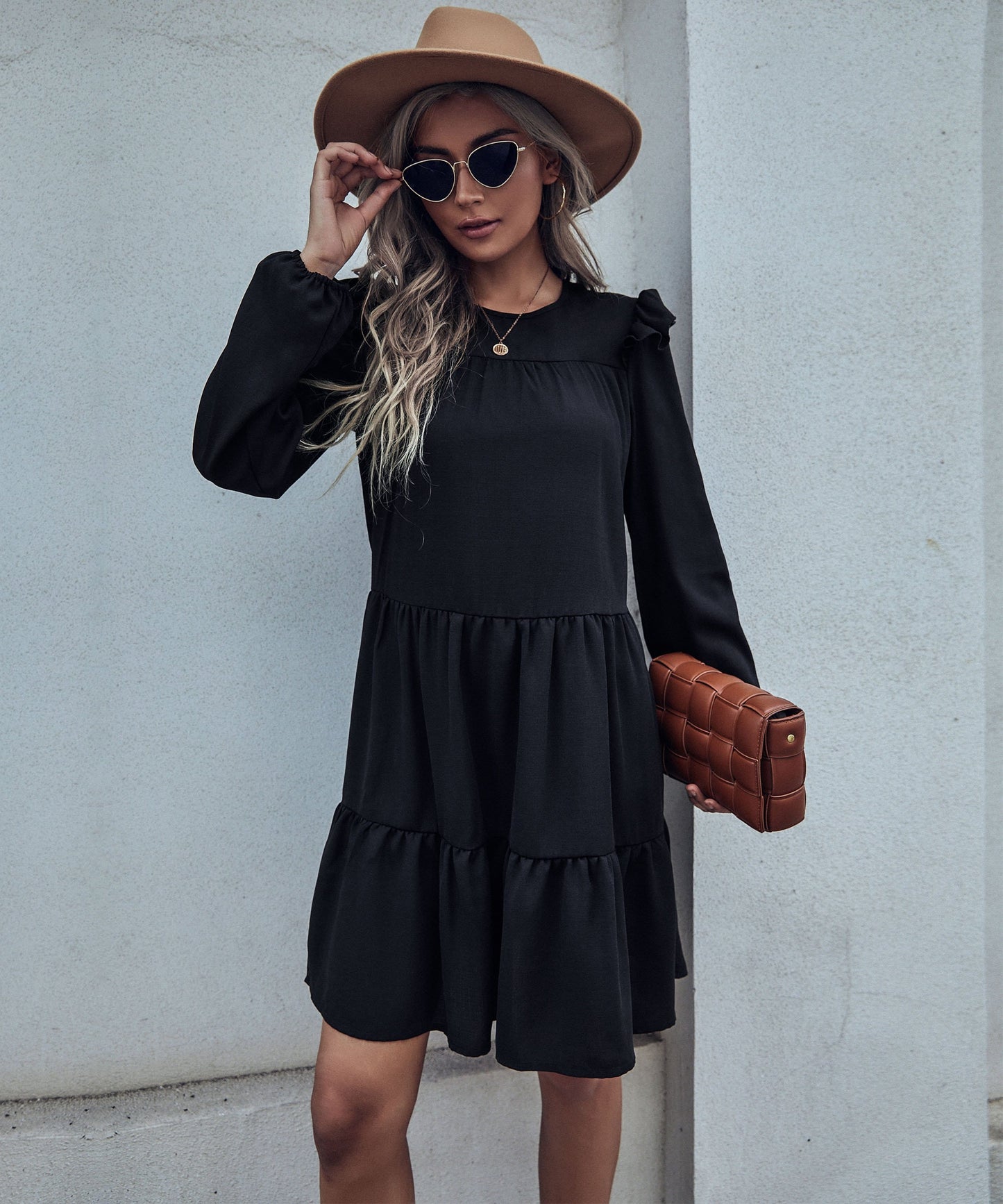 Round Neck Ruffle Shoulder Dress