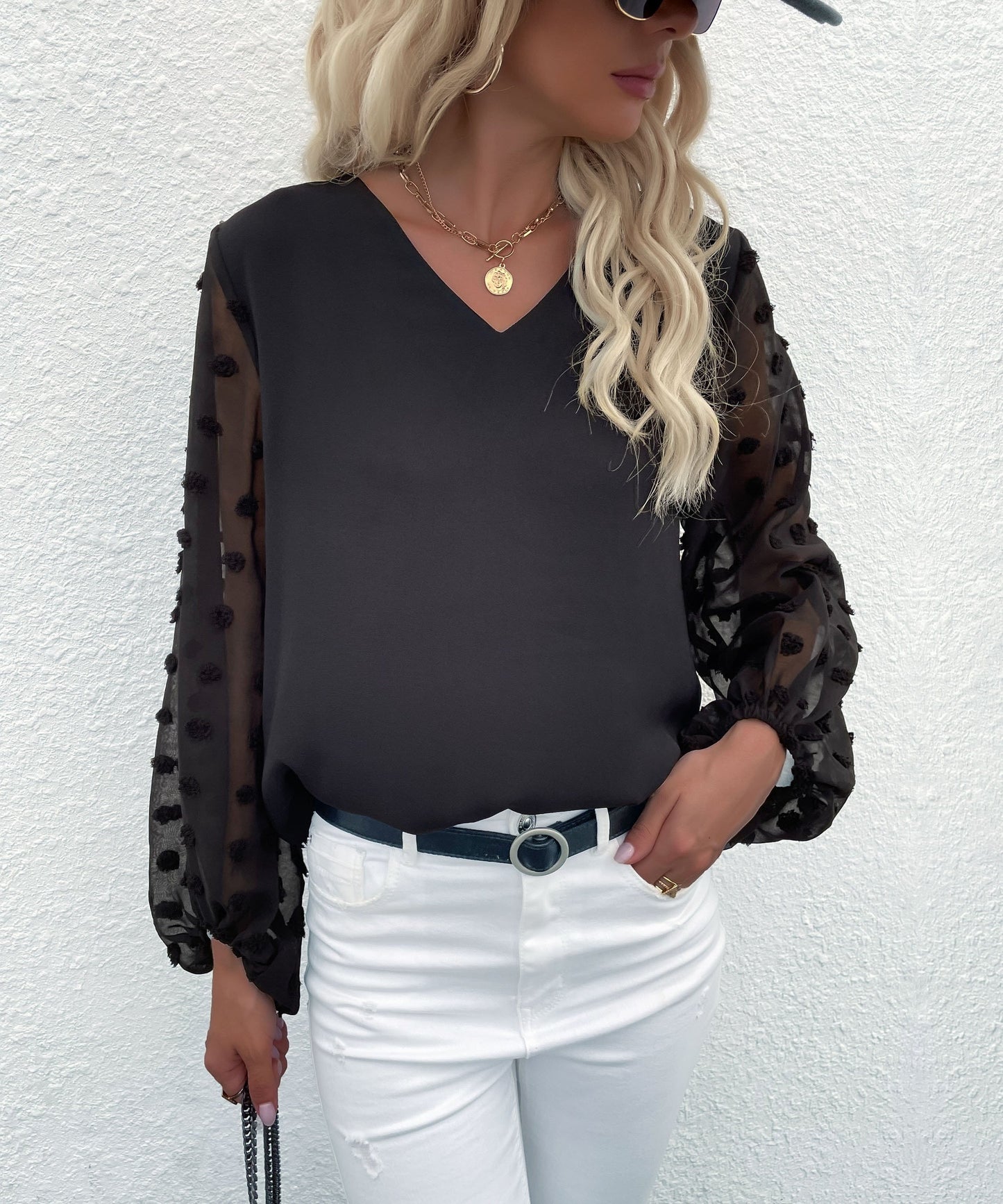 Clip Dot Sheer Sleeve Blouse