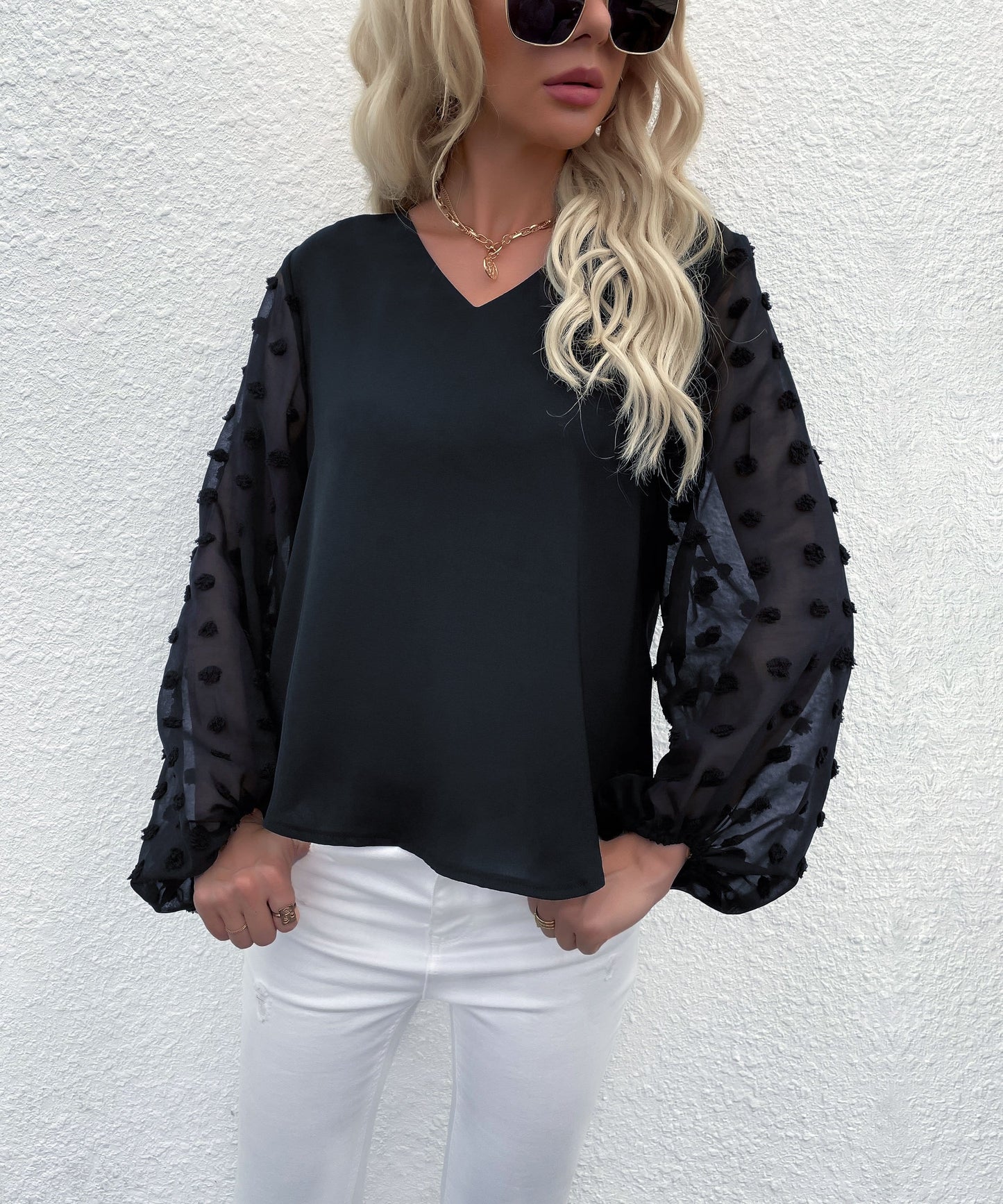 Clip Dot Sheer Sleeve Blouse