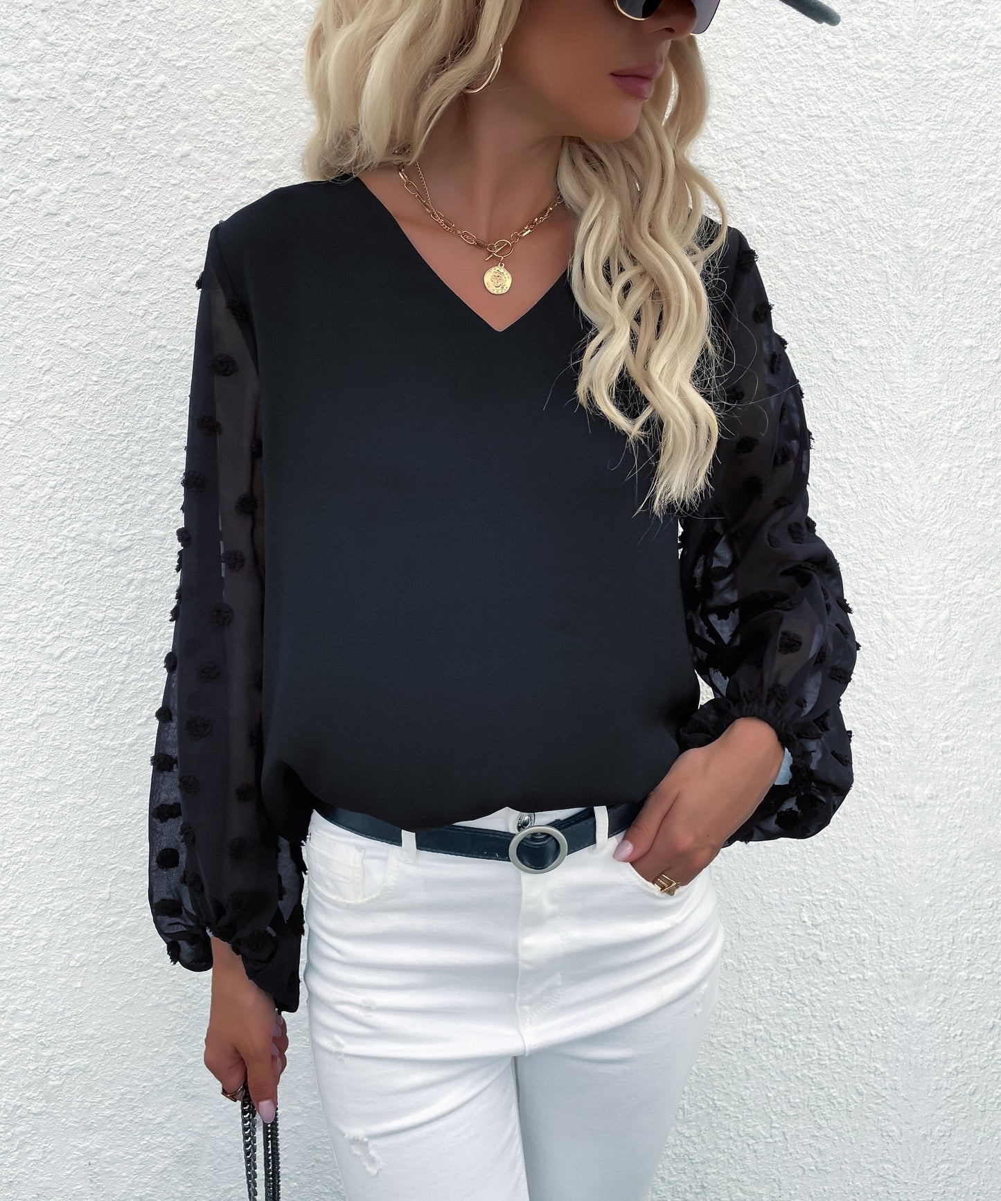 Clip Dot Sheer Sleeve Blouse