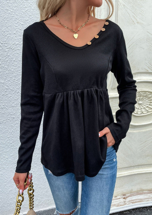 Button Neck Peplum Hem Sweater