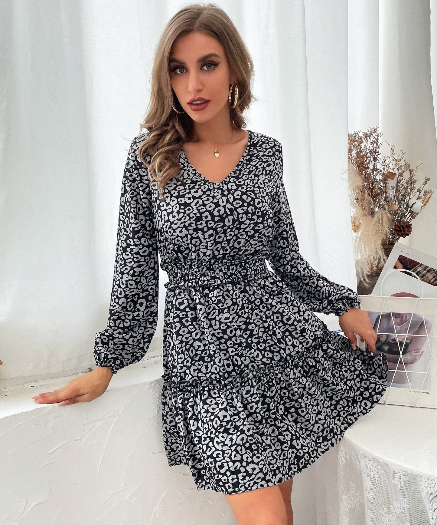 Shirred Waist Leopard Print Dress