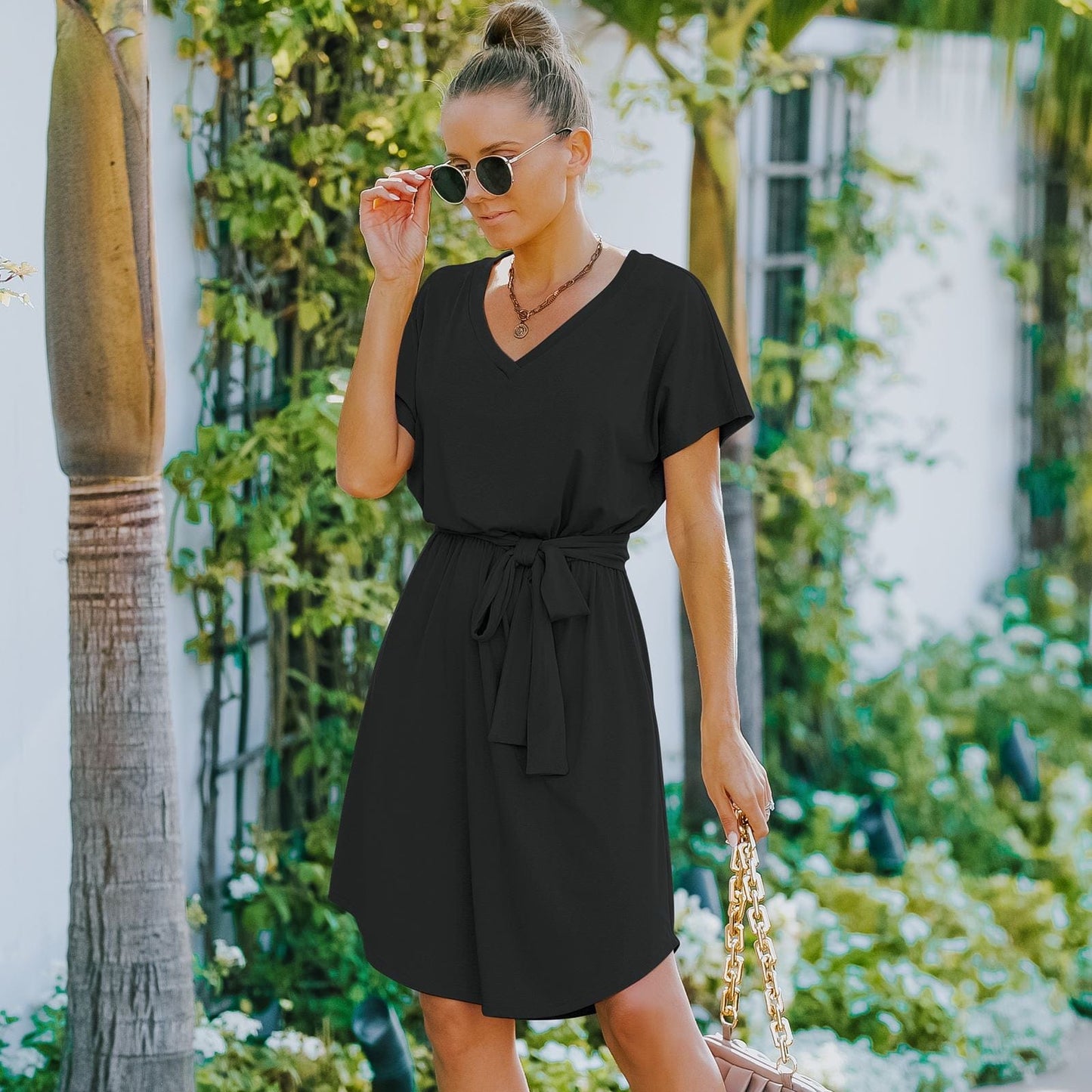 V-Neck Tunic Lux Tie Waist Dress