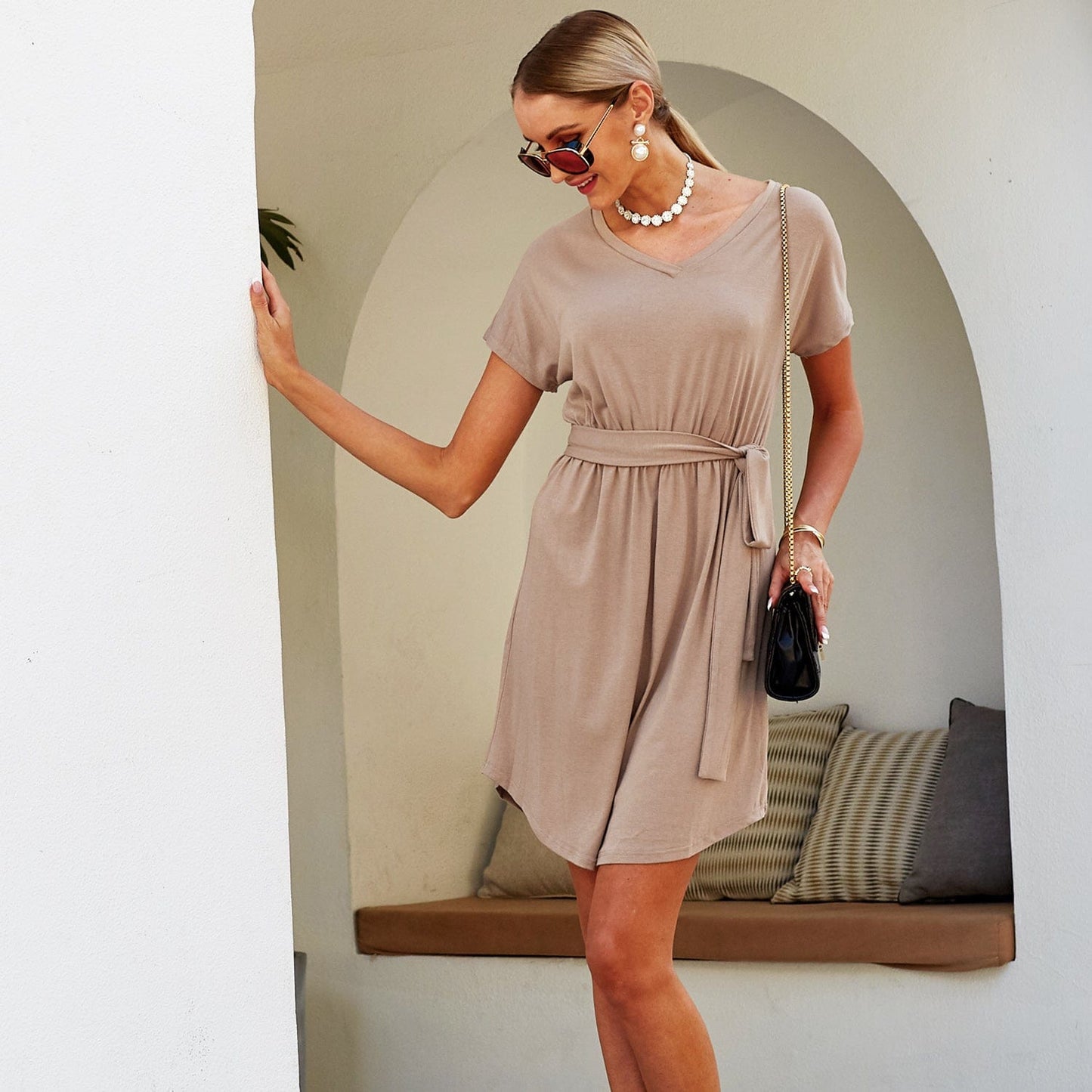 V-Neck Tunic Lux Tie Waist Dress