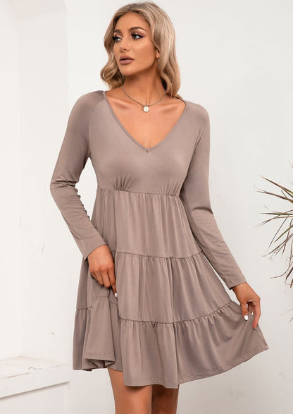 Solid V Neck Tiered Dress