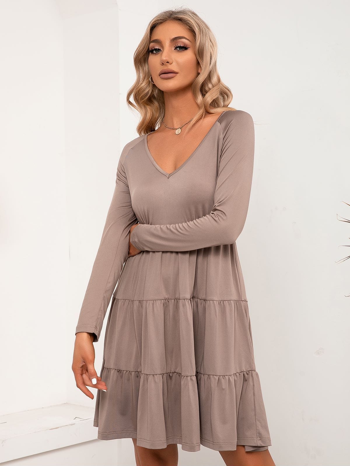 Solid V Neck Tiered Dress