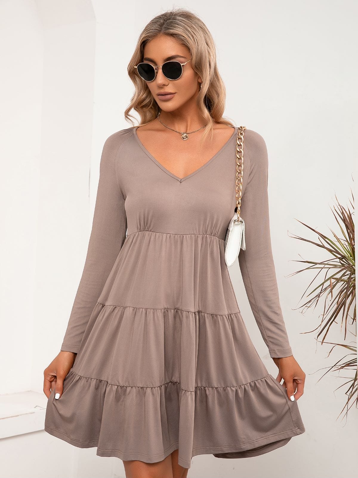 Solid V Neck Tiered Dress