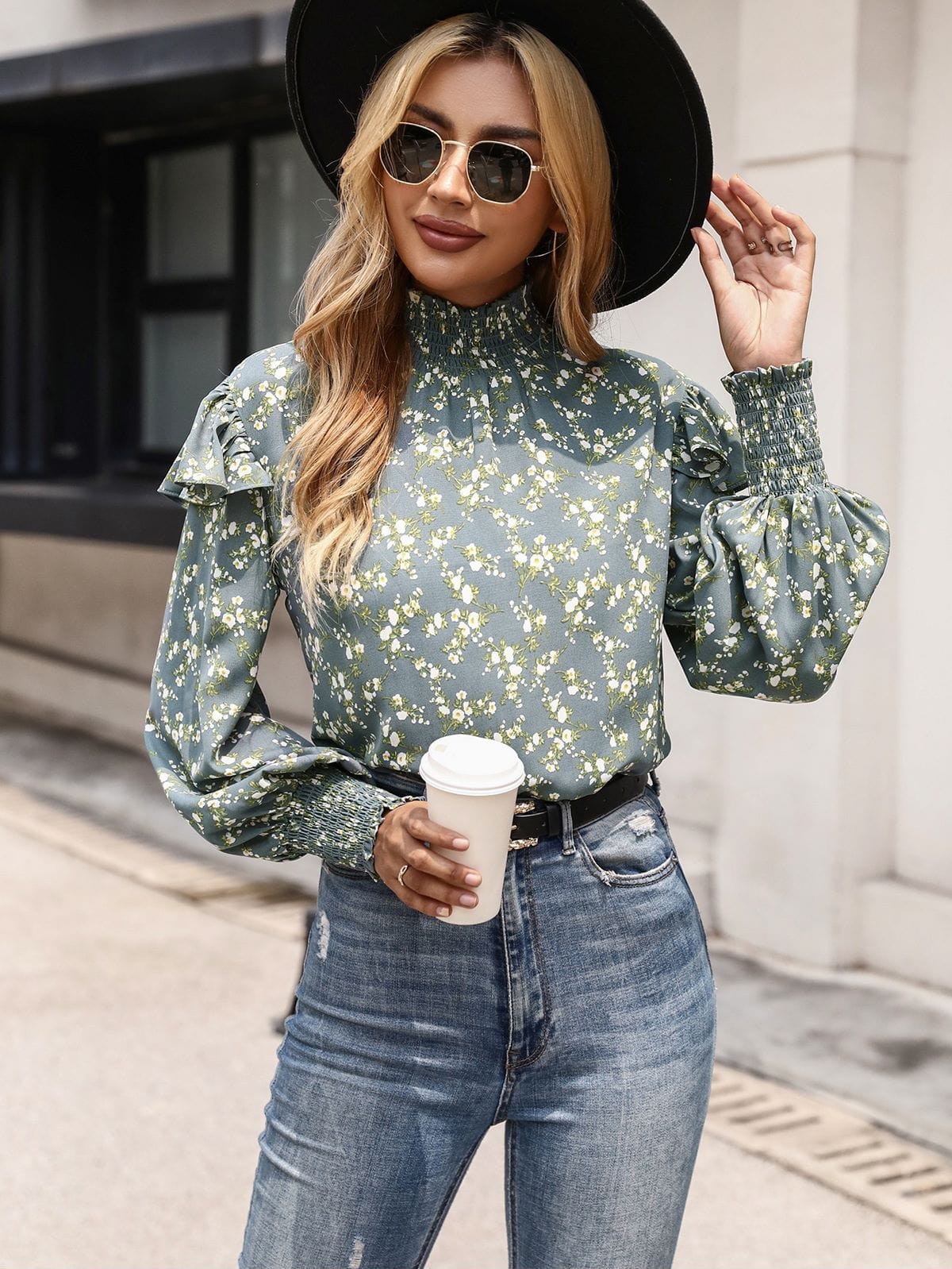 Shirred Neck Floral Print Blouse