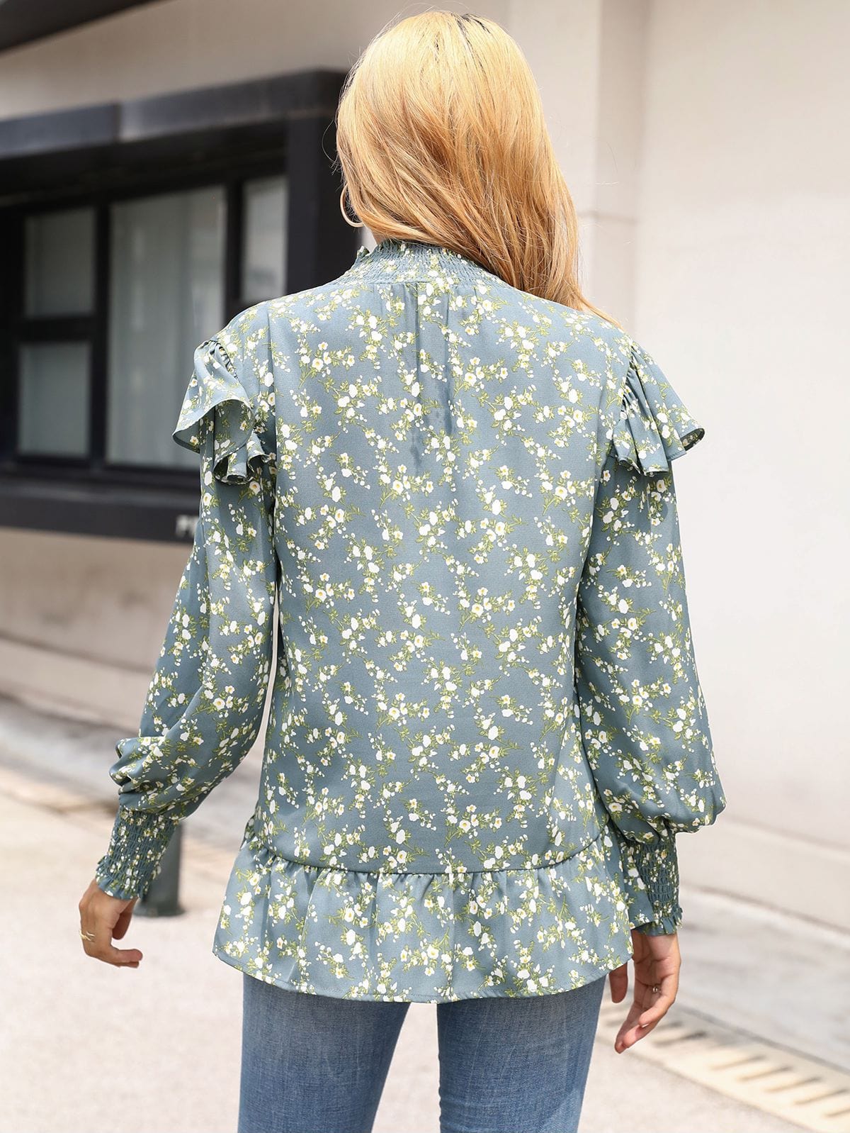 Shirred Neck Floral Print Blouse