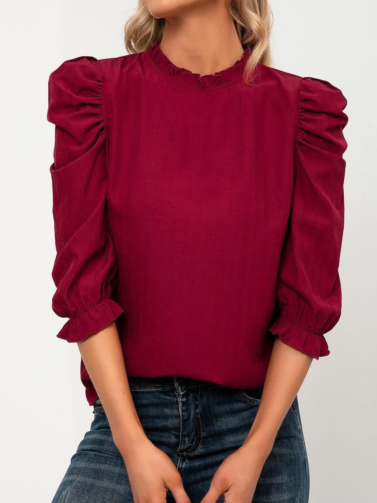 Ruffle Neck Gigot Sleeve Blouse