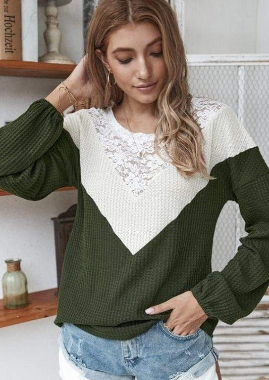 Lace Detail Waffle Knit Sweater