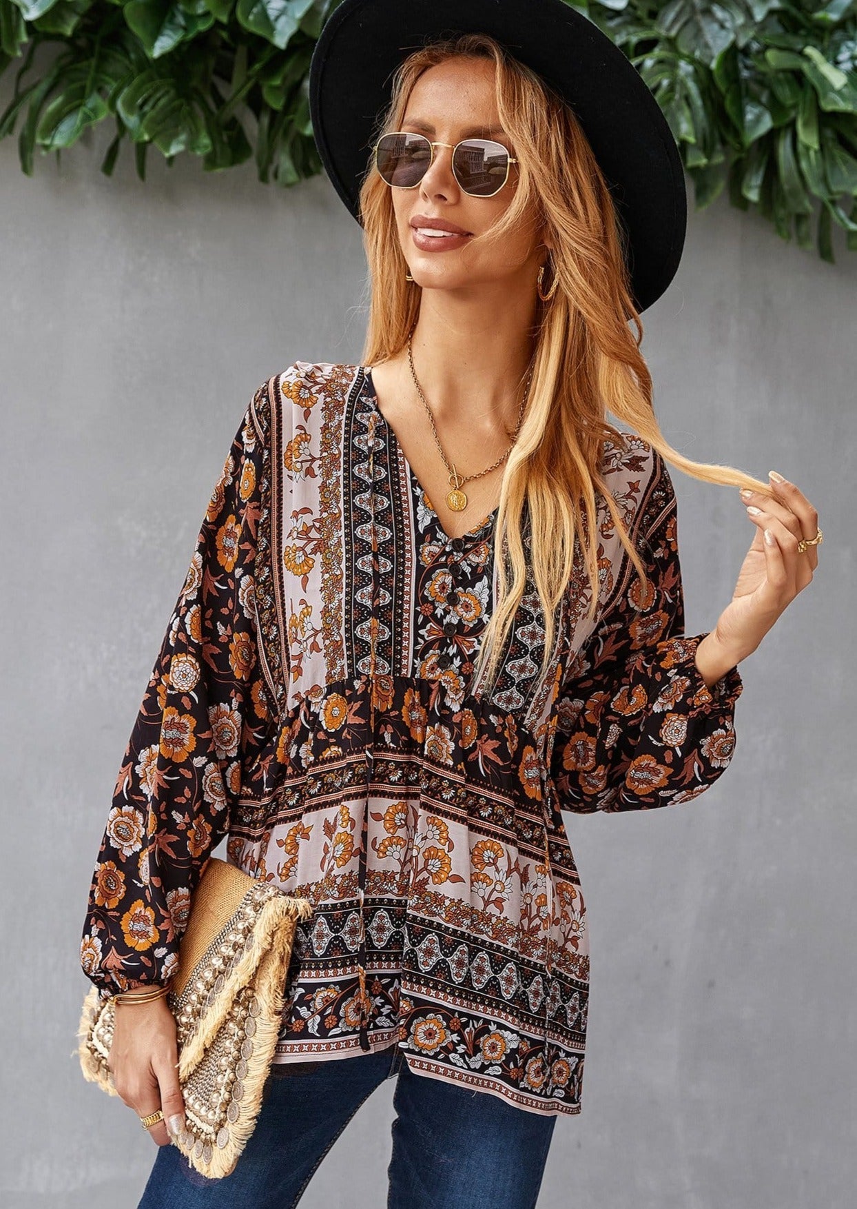 V Neck Boho Floral Blouse