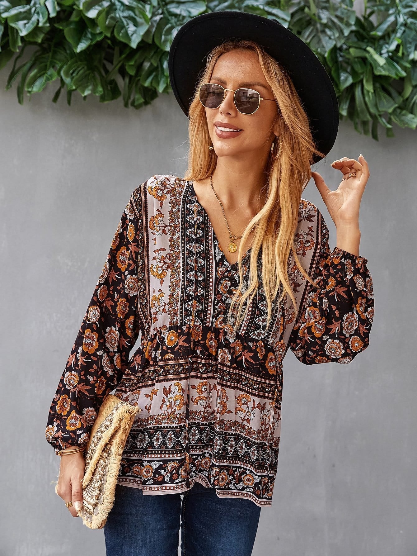 V Neck Boho Floral Blouse