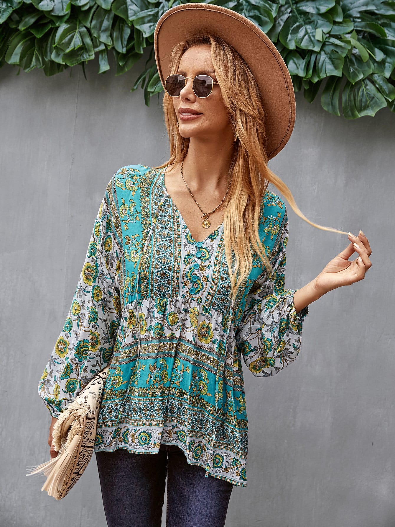 V Neck Boho Floral Blouse