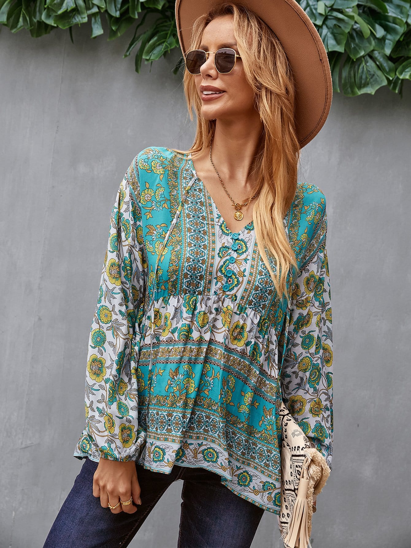 V Neck Boho Floral Blouse