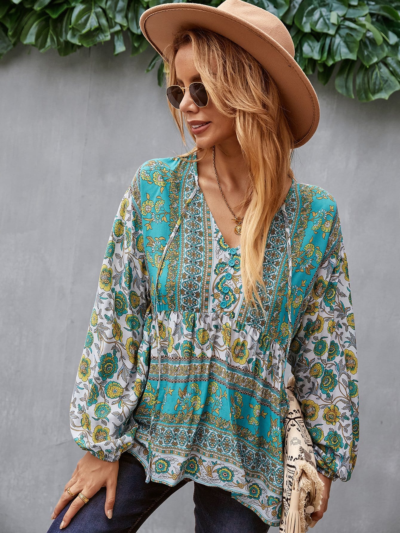 V Neck Boho Floral Blouse