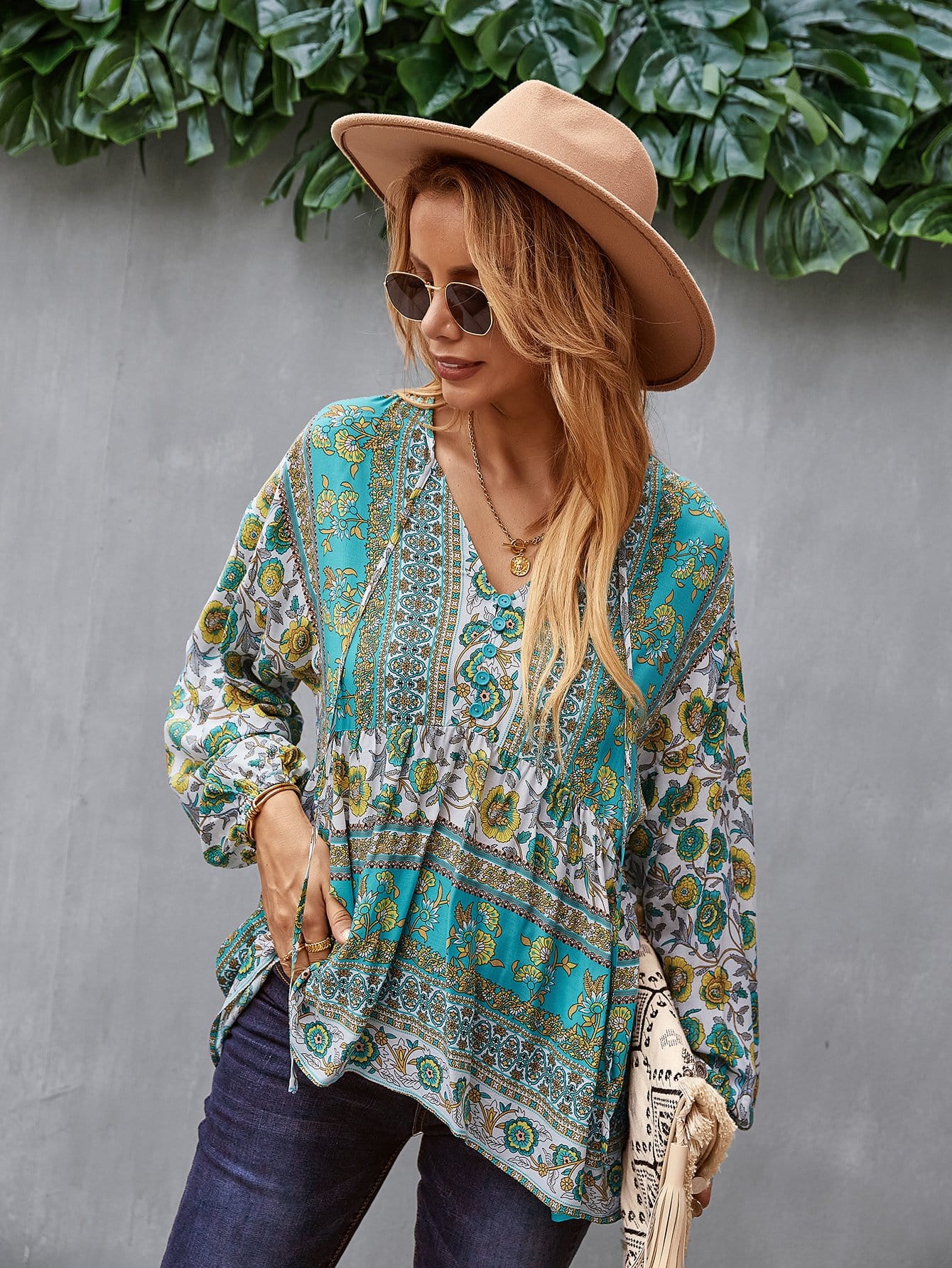 V Neck Boho Floral Blouse