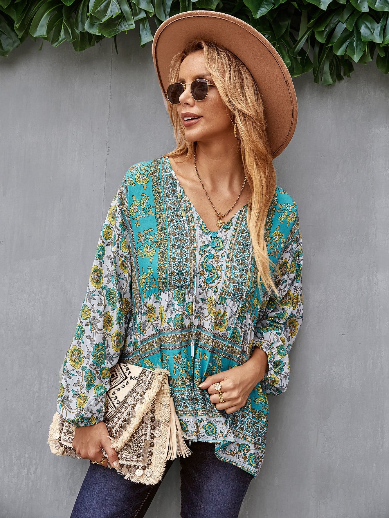 V Neck Boho Floral Blouse