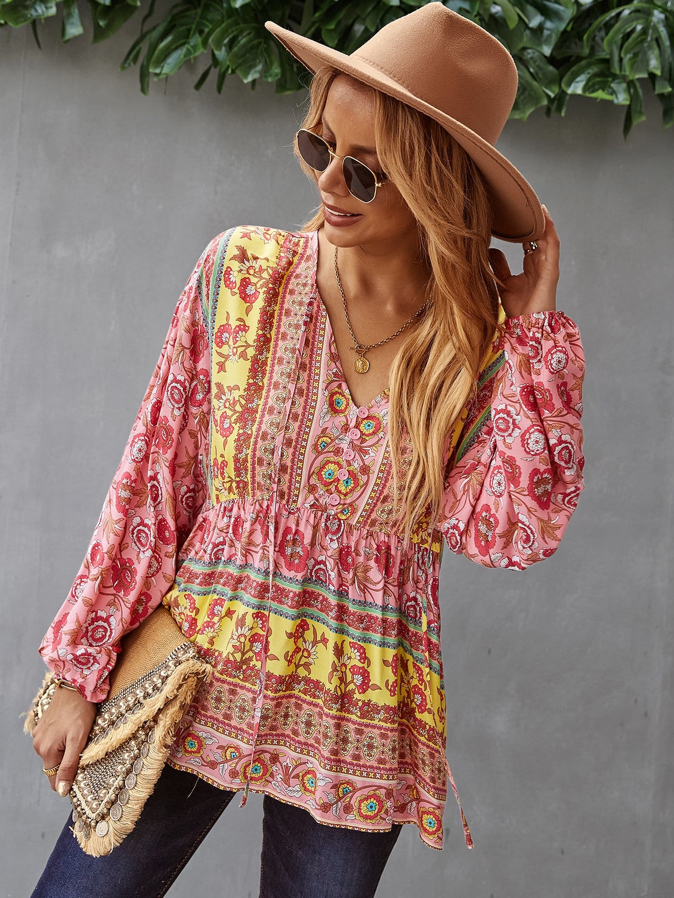 V Neck Boho Floral Blouse