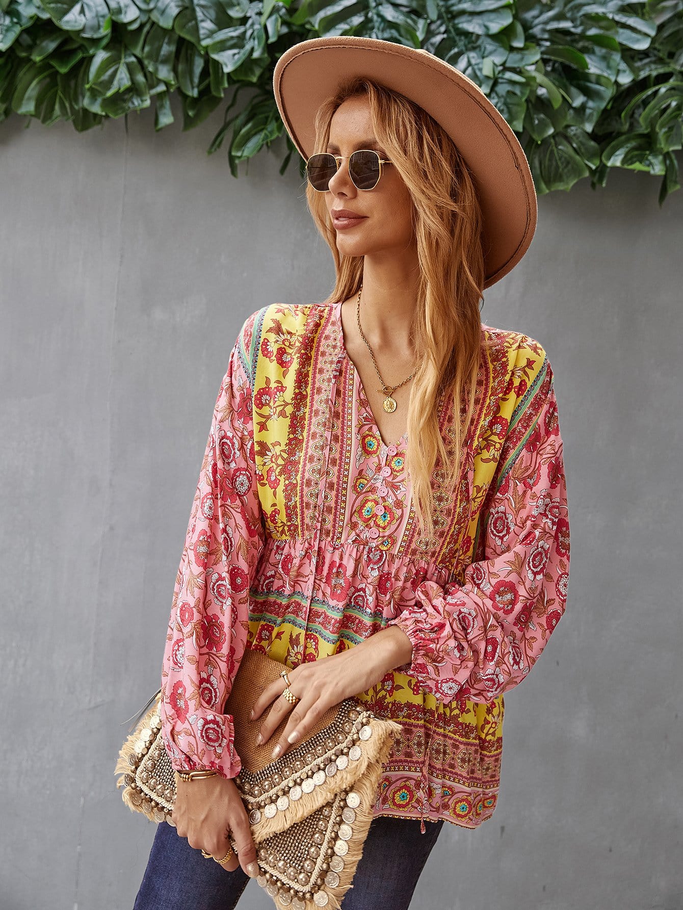 V Neck Boho Floral Blouse