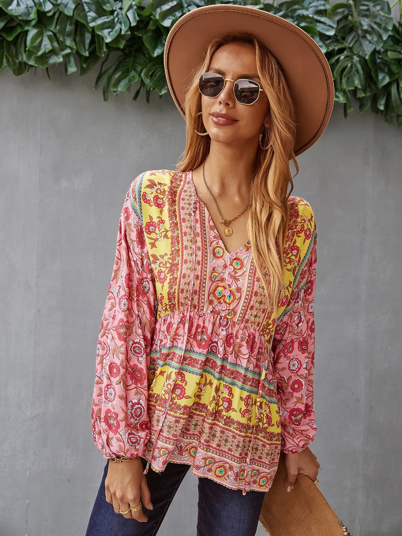 V Neck Boho Floral Blouse