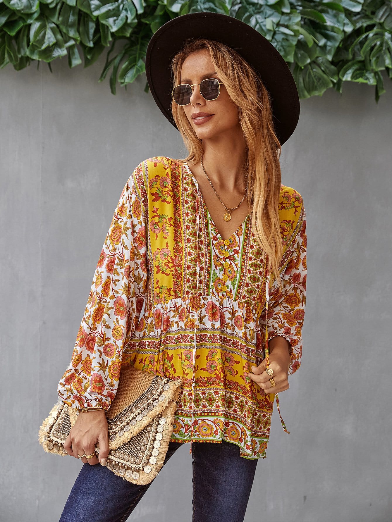 V Neck Boho Floral Blouse