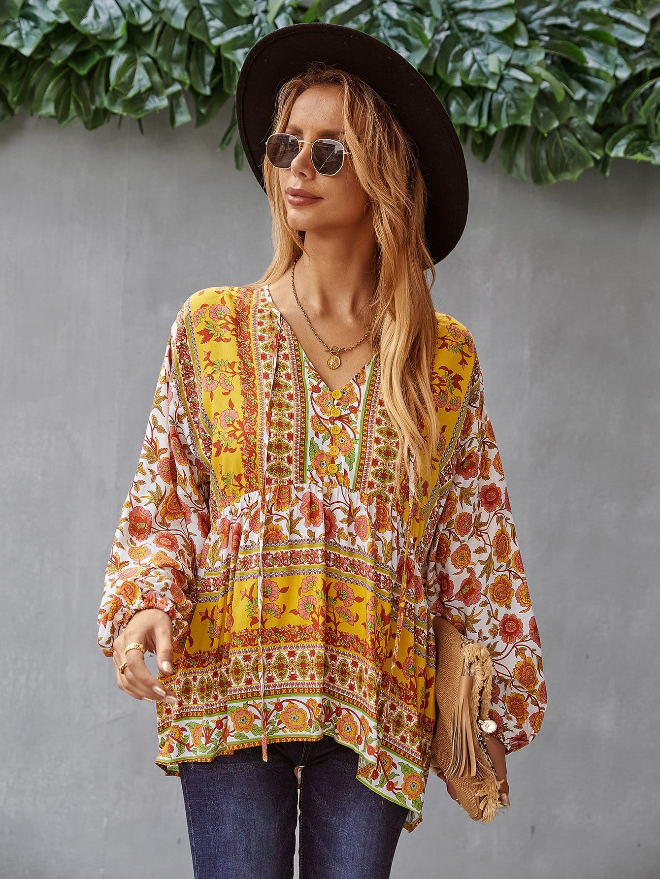 V Neck Boho Floral Blouse