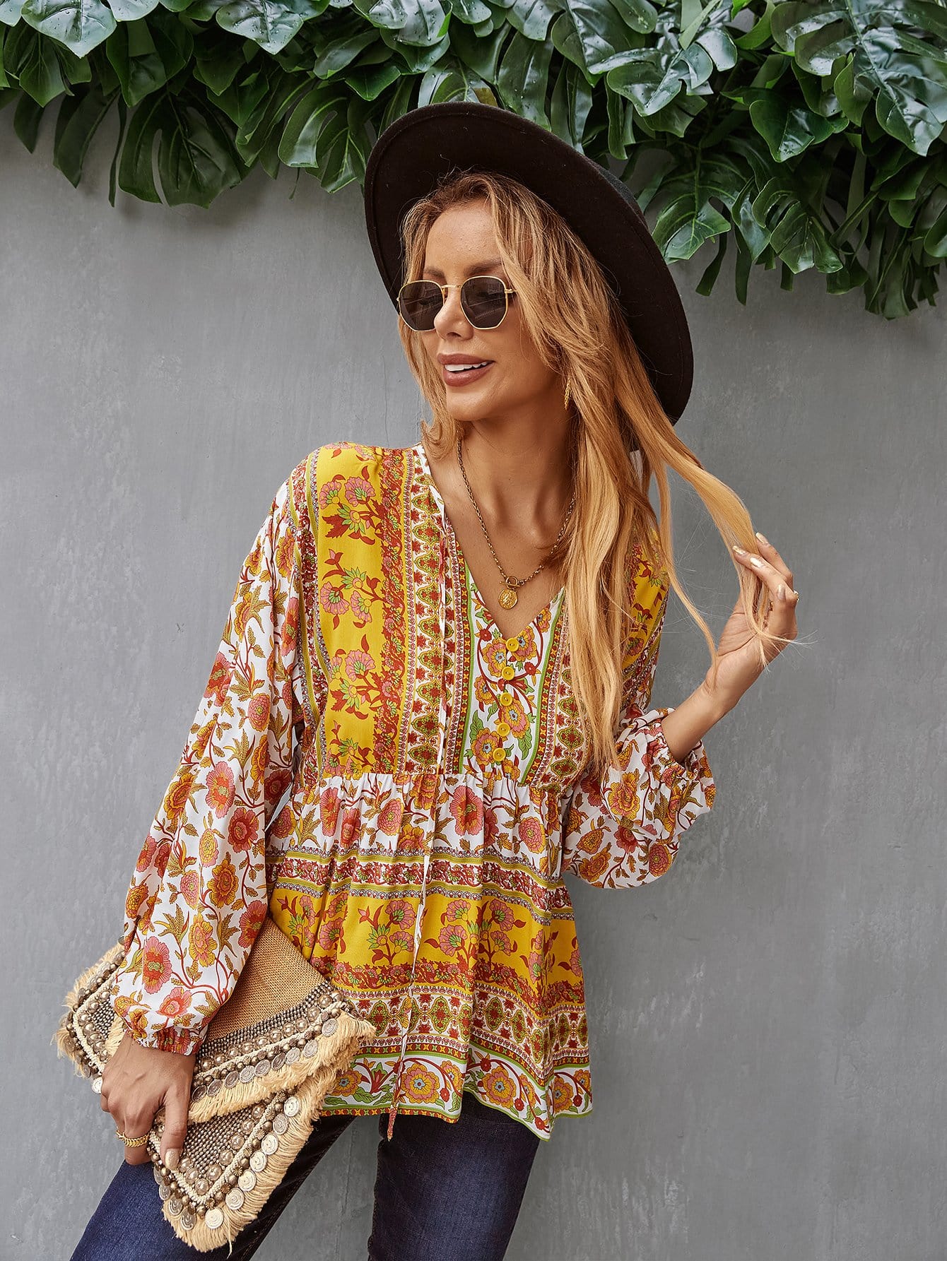 V Neck Boho Floral Blouse