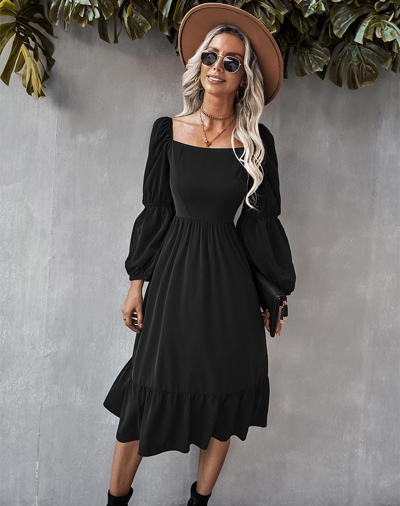 Straight Neck Double Puff Sleeve Dress