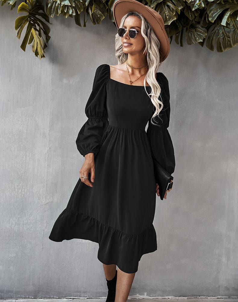 Straight Neck Double Puff Sleeve Dress