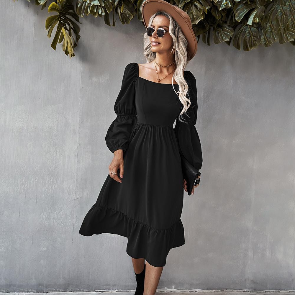 Straight Neck Double Puff Sleeve Dress