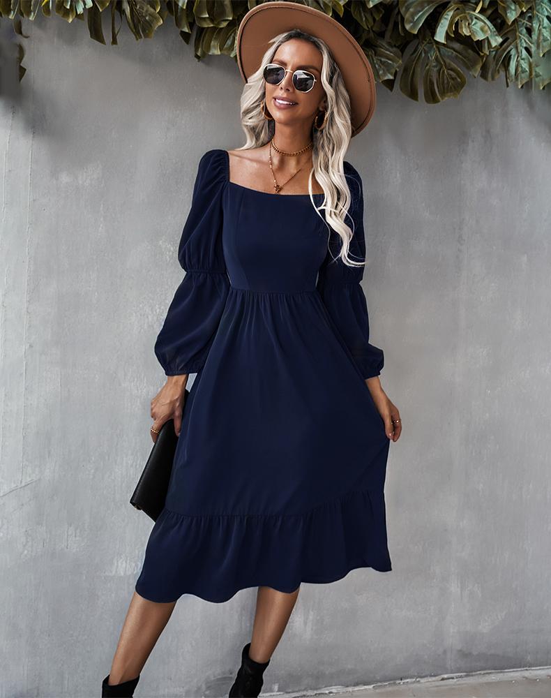 Straight Neck Double Puff Sleeve Dress