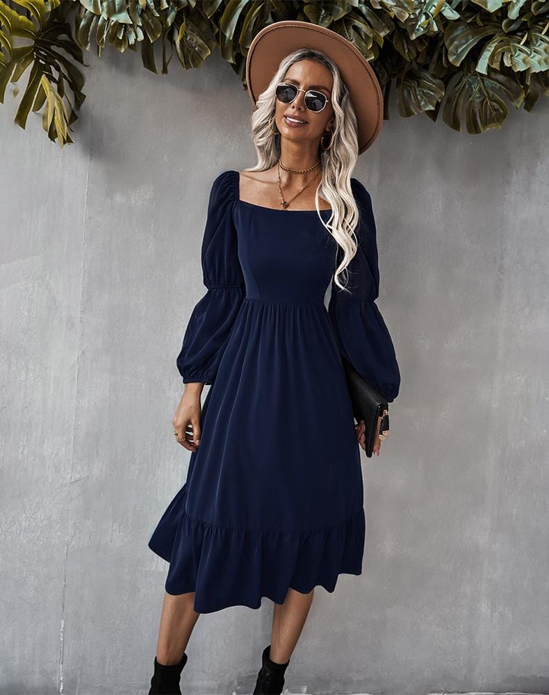Straight Neck Double Puff Sleeve Dress
