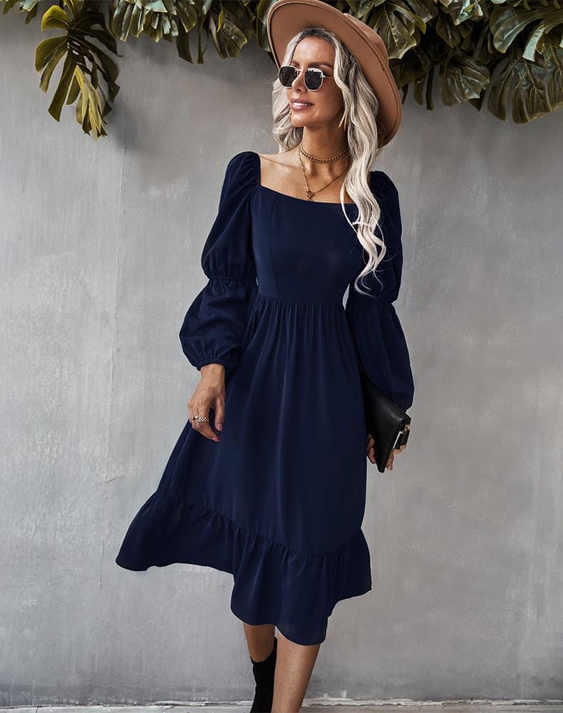 Straight Neck Double Puff Sleeve Dress