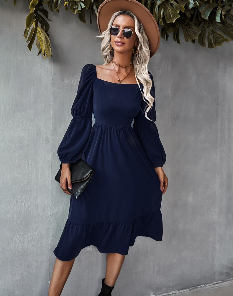 Straight Neck Double Puff Sleeve Dress