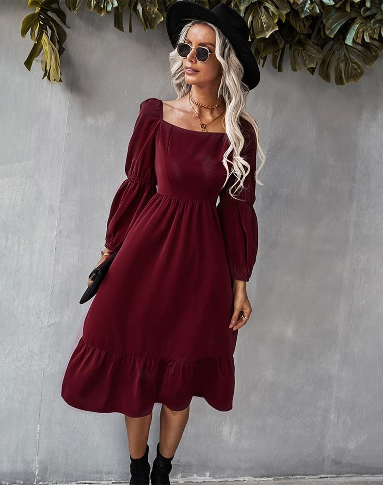 Straight Neck Double Puff Sleeve Dress