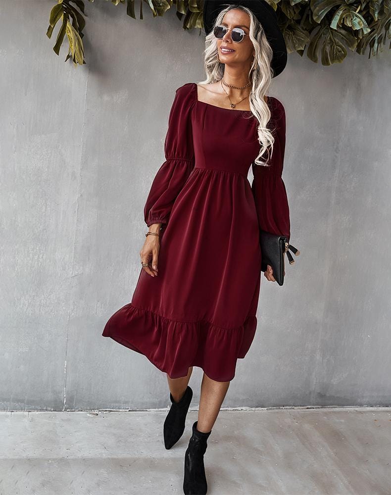 Straight Neck Double Puff Sleeve Dress
