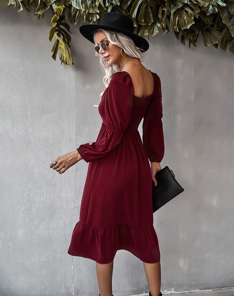Straight Neck Double Puff Sleeve Dress