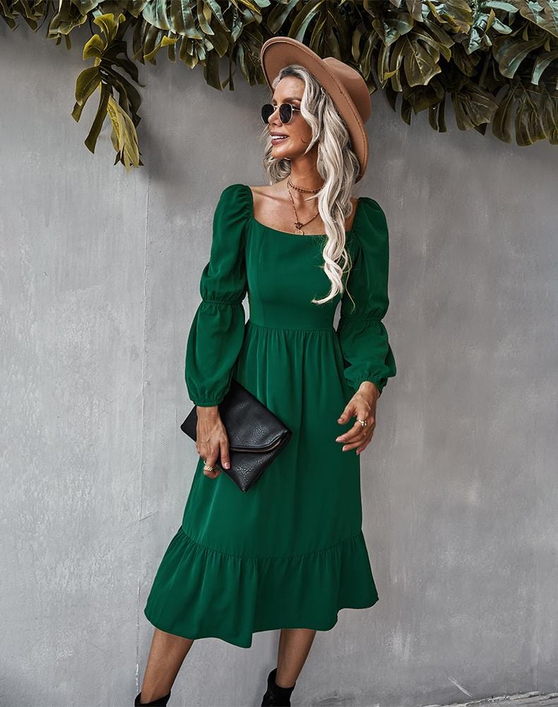 Straight Neck Double Puff Sleeve Dress