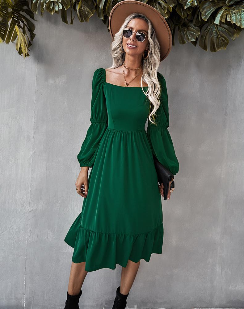 Straight Neck Double Puff Sleeve Dress