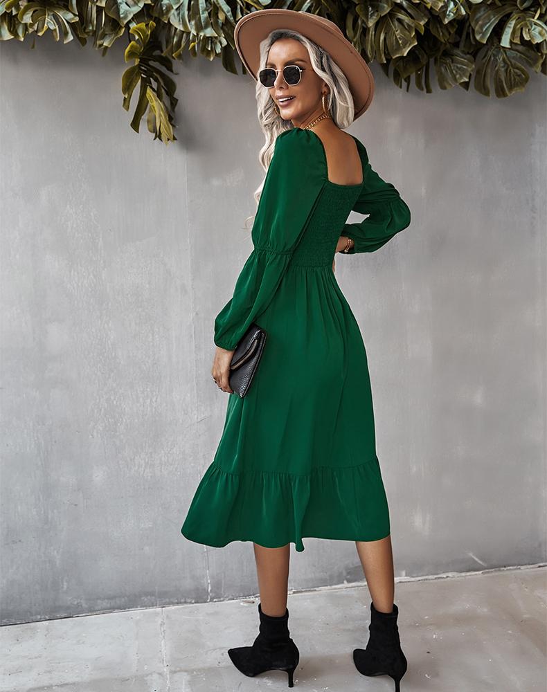Straight Neck Double Puff Sleeve Dress