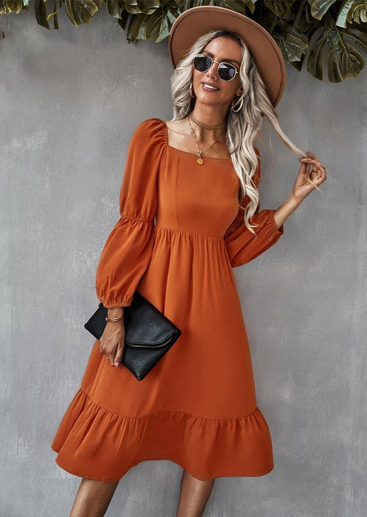 Straight Neck Double Puff Sleeve Dress