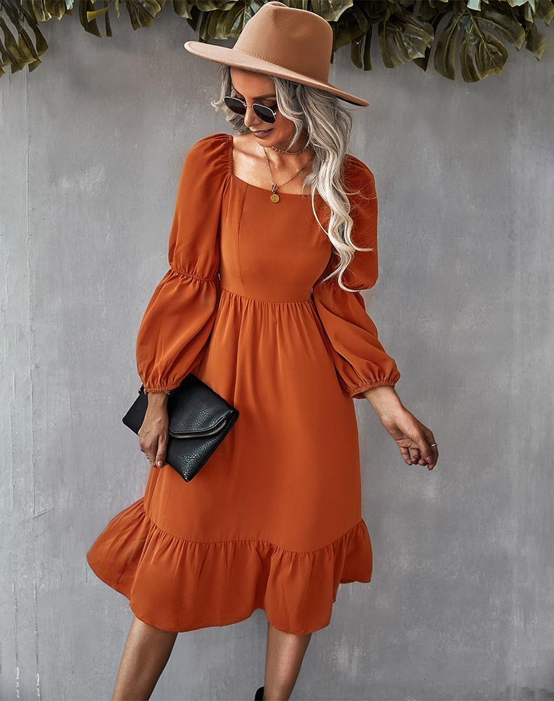 Straight Neck Double Puff Sleeve Dress