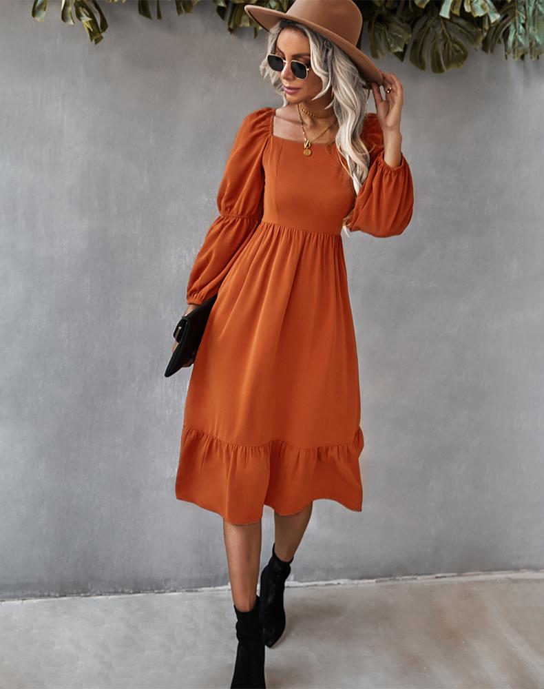 Straight Neck Double Puff Sleeve Dress