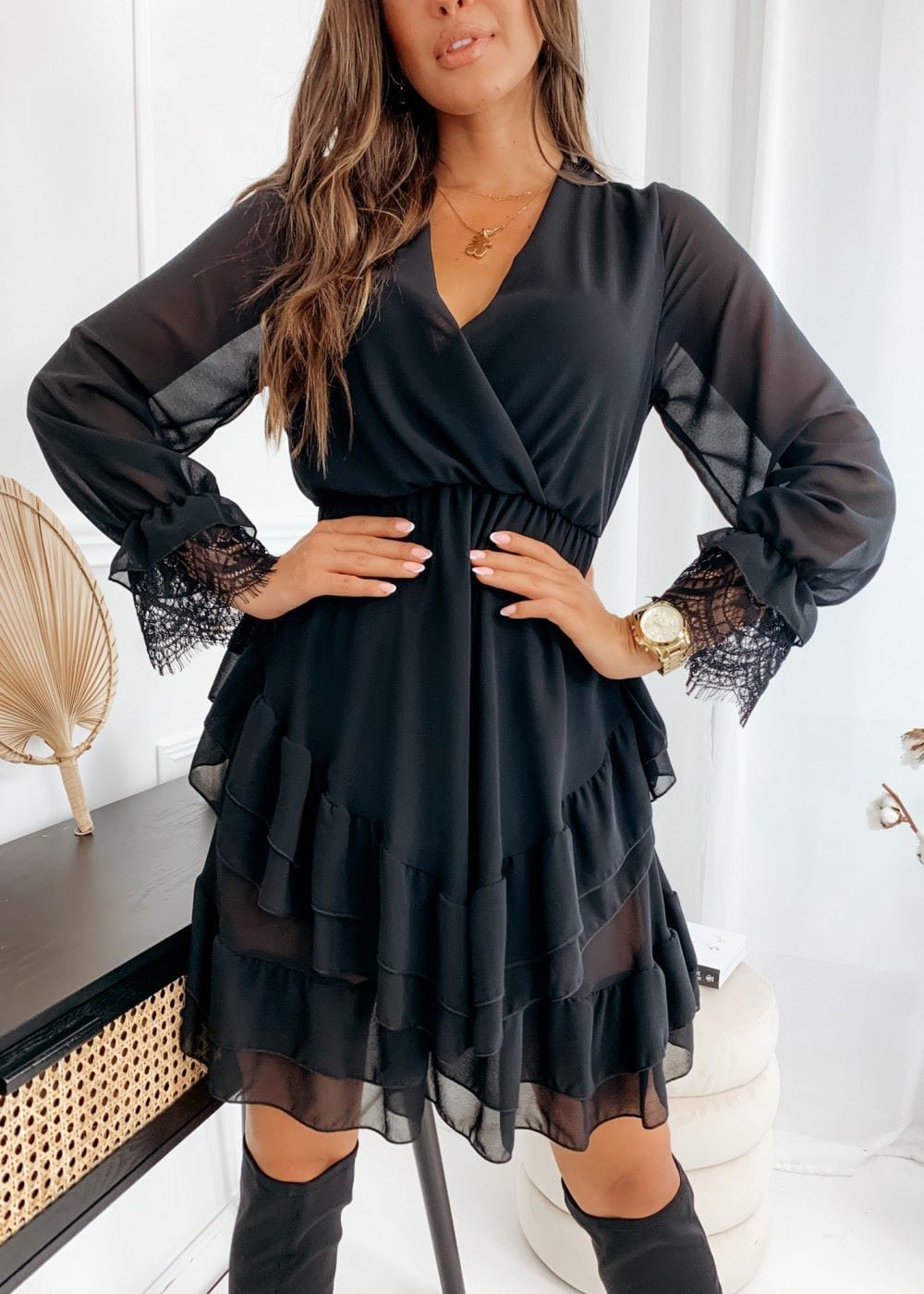 Surplice Neck Asymmetrical Tiered Dress