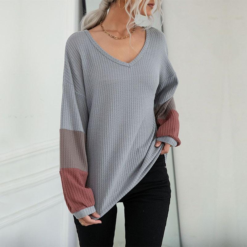 Waffle Knit Striped Sleeve Sweater