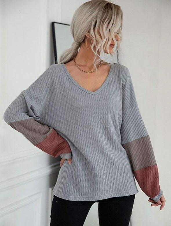 Waffle Knit Striped Sleeve Sweater