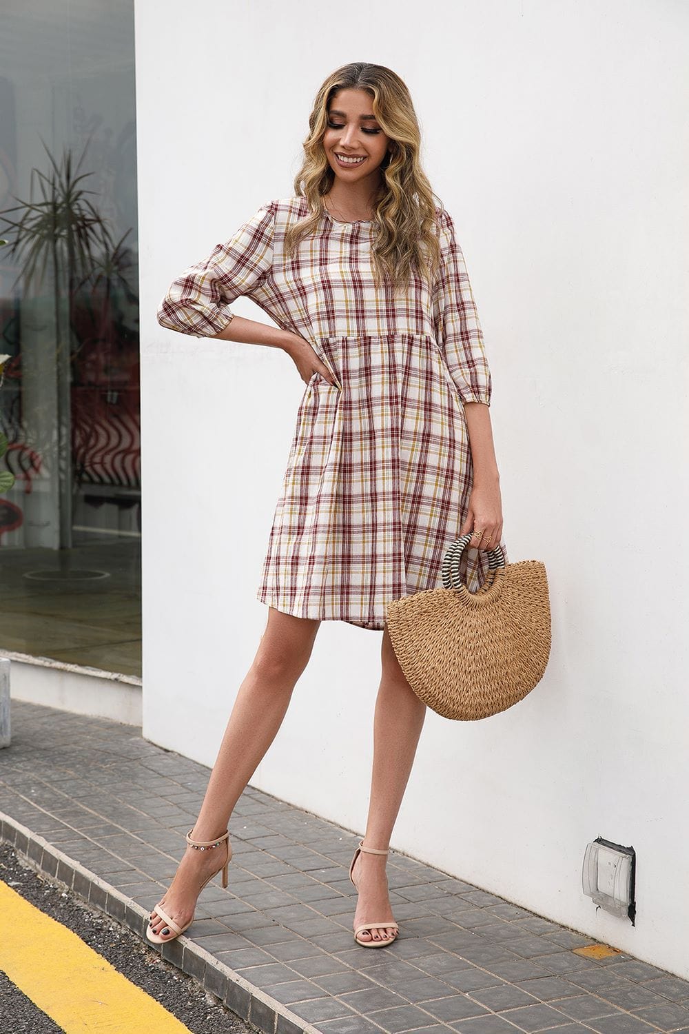 Round Neck Plaid Dress